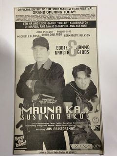 JORGE ESTREGAN MICHELLE ALDANA EDDIE GARCIA JANNI GIBBS -MAUNA KA … SUSUNOD AKO! - Old Newspaper Movie Ad Clippings Tagalog Filipino Pelikula Film Vintage