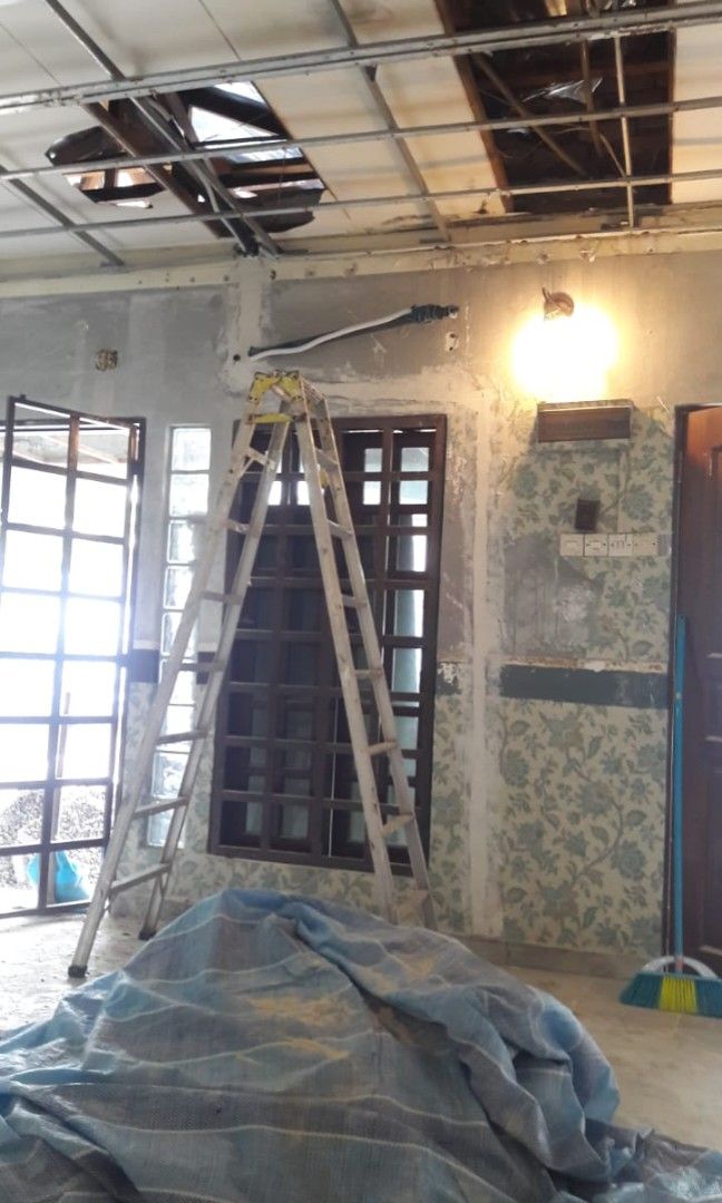 Renovation Aircond copper pipe wiring hacking conceal plaster