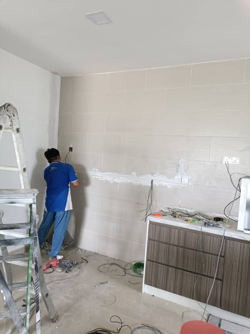 Renovation Aircond copper pipe wiring hacking conceal plaster