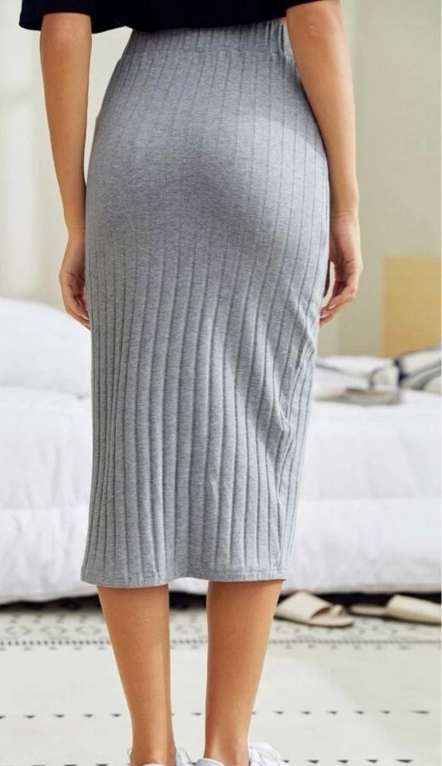 Women Grey Mellange Rib Pencil Skirt