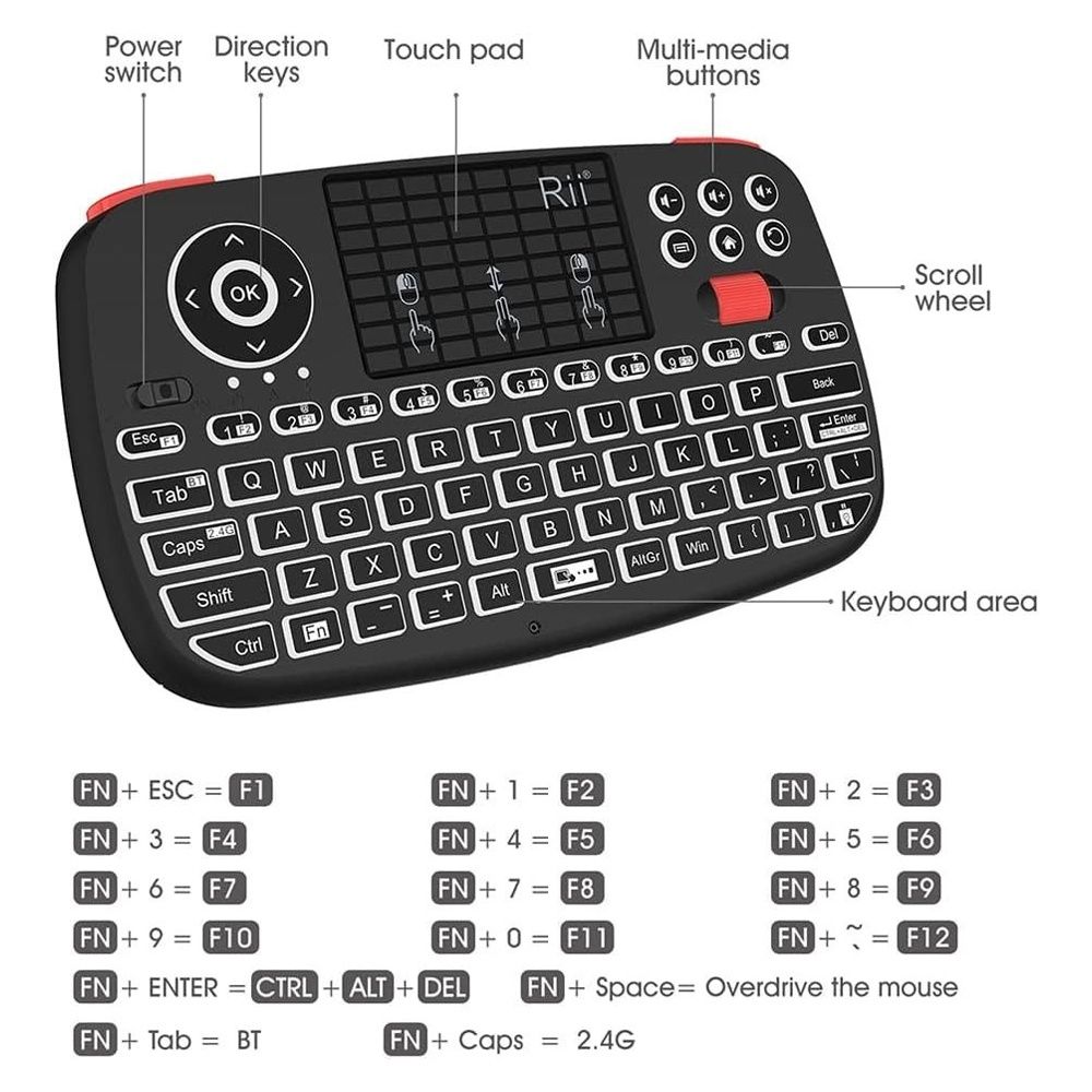 Rii (Upgrade) i4 Mini Bluetooth Keyboard with Touchpad, Blacklit Portable Wireless  Keyboard with 2.4G USB Dongle for Smartphones, PC, Tablet, Laptop TV Box  iOS Android Windows Mac.Black, Computers & Tech, Parts 