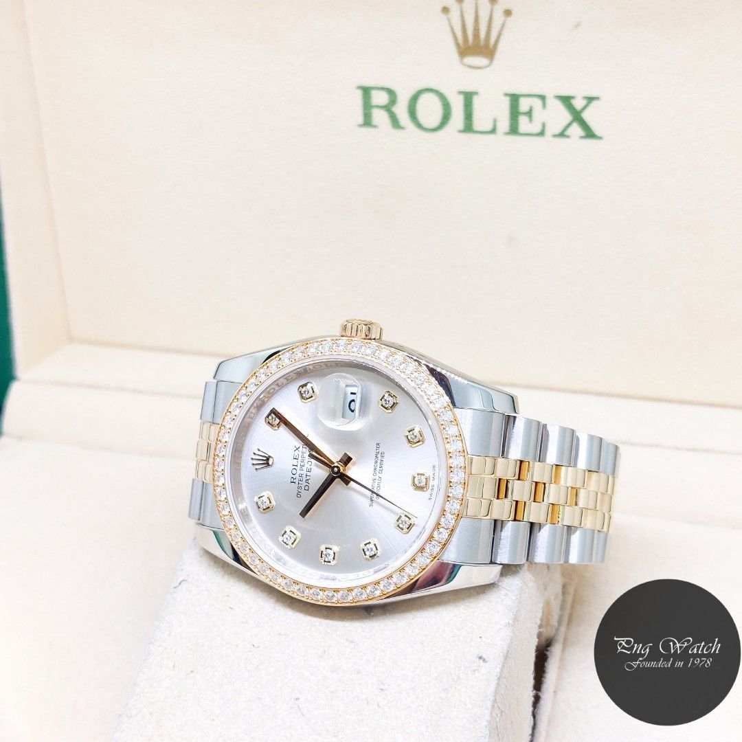 rolex 36mm two tone datejust with diamond bezel