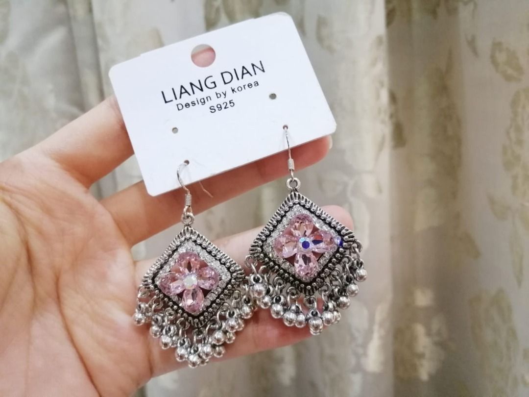 S925 Luxurious Lingge Pink Zircon Drop Hook Earrings Women s