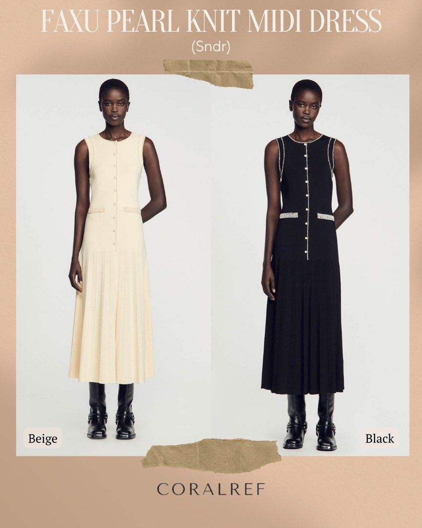 Sandro Faux Pearl Knit Midi Dress in black and beige