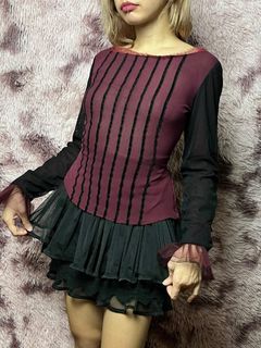 Sheer vampire gothic top with velvet embellished strip line design / gothgirl