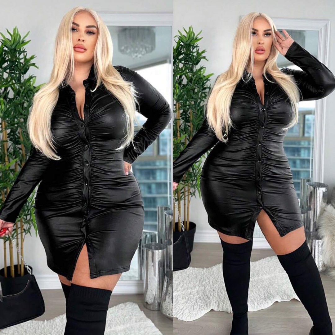 SHEIN SXY Plus size black leather Ruched Button Through Bodycon Dress,  Women's Fashion, Dresses & Sets, Dresses on Carousell