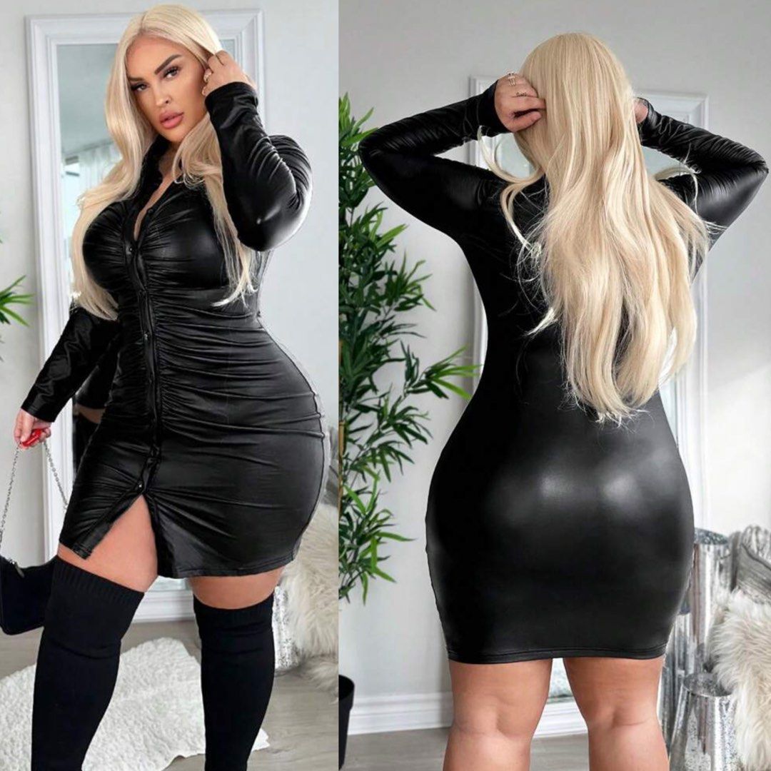 SHEIN SXY Plus size black leather Ruched Button Through Bodycon Dress Women s Fashion Dresses Sets Dresses on Carousell