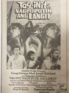 Tag-init… Nagpuputik ang Langit GEORGE ESTREGAN MARK JOSEPH DICK ISRAEL AMANDA AMORES FRANCIS JUN POSADAS - ROCK-A-BYE-BABY TATLO ANG DADDY SEIKO FILMS - Old Newspaper Movie Ad Clippings Tagalog Filipino Pelikula Film Vintage
