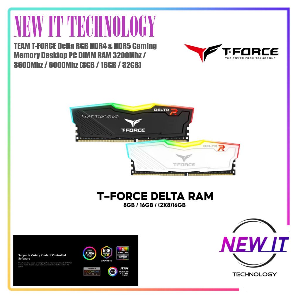 TEAMGROUP Team T-Force Delta RGB DDR4 Gaming Memory, 2 x 8 GB, 3600 Mhz, 288 Pin DIMM, Black