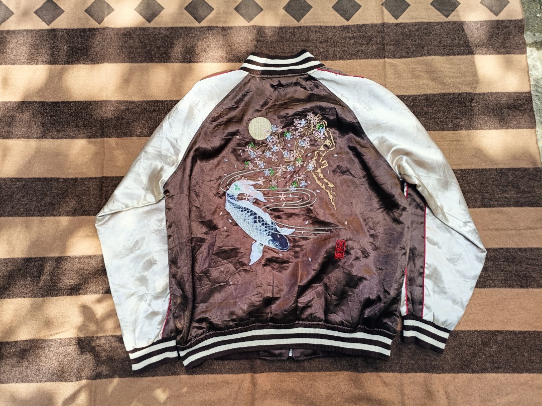 VINTAGE KOI EMBROIDERY VARSITY JACKET, Men's Fashion, Coats, Jackets