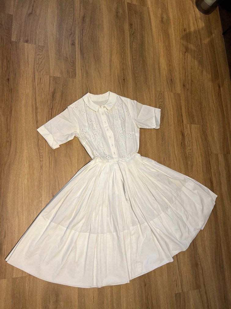 1950s pearl white full circle pleated skirt shirt dress Women s