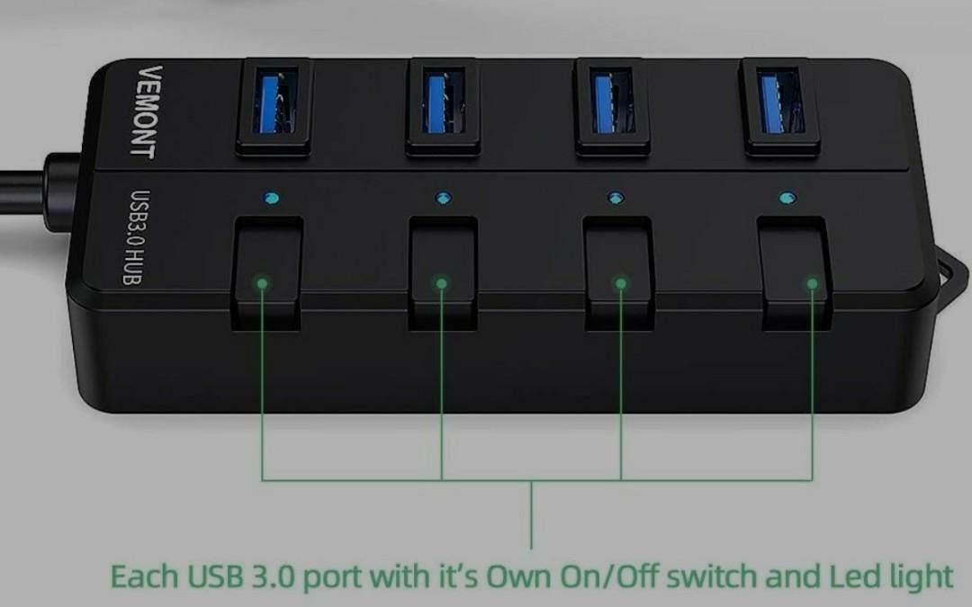 USB hub,7 Port USB 3.0 Hub,VEMONT USB Splitter with Individual On/Off  Switches and Lights, 4ft/1.2m USB HUB Long Cable, USB Extension for Laptop  and