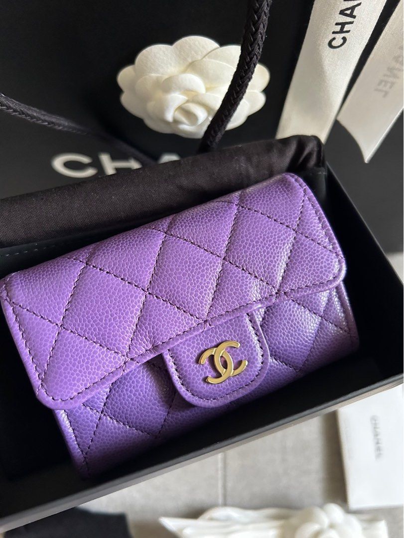 Authentic Chanel 24C Classic Flap Card Holder Caviar Purple LGHW