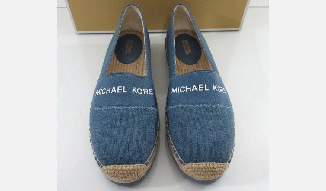 Authentic MICHAEL KORS Women s Vicky Espadrille Flats Shoes Denim Blue canvas logo
