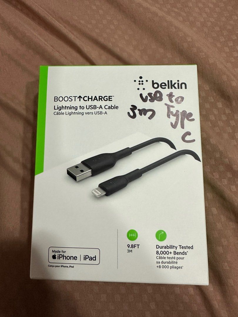 Belkin Boost Charge Lightning to USB-A Cable 3m, Mobile Phones & Gadgets,  Mobile & Gadget Accessories, Chargers & Cables on Carousell