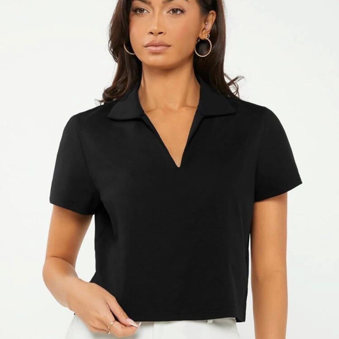 Black V Neck Polo Collar Crop Tee Top, Women's Fashion, Tops