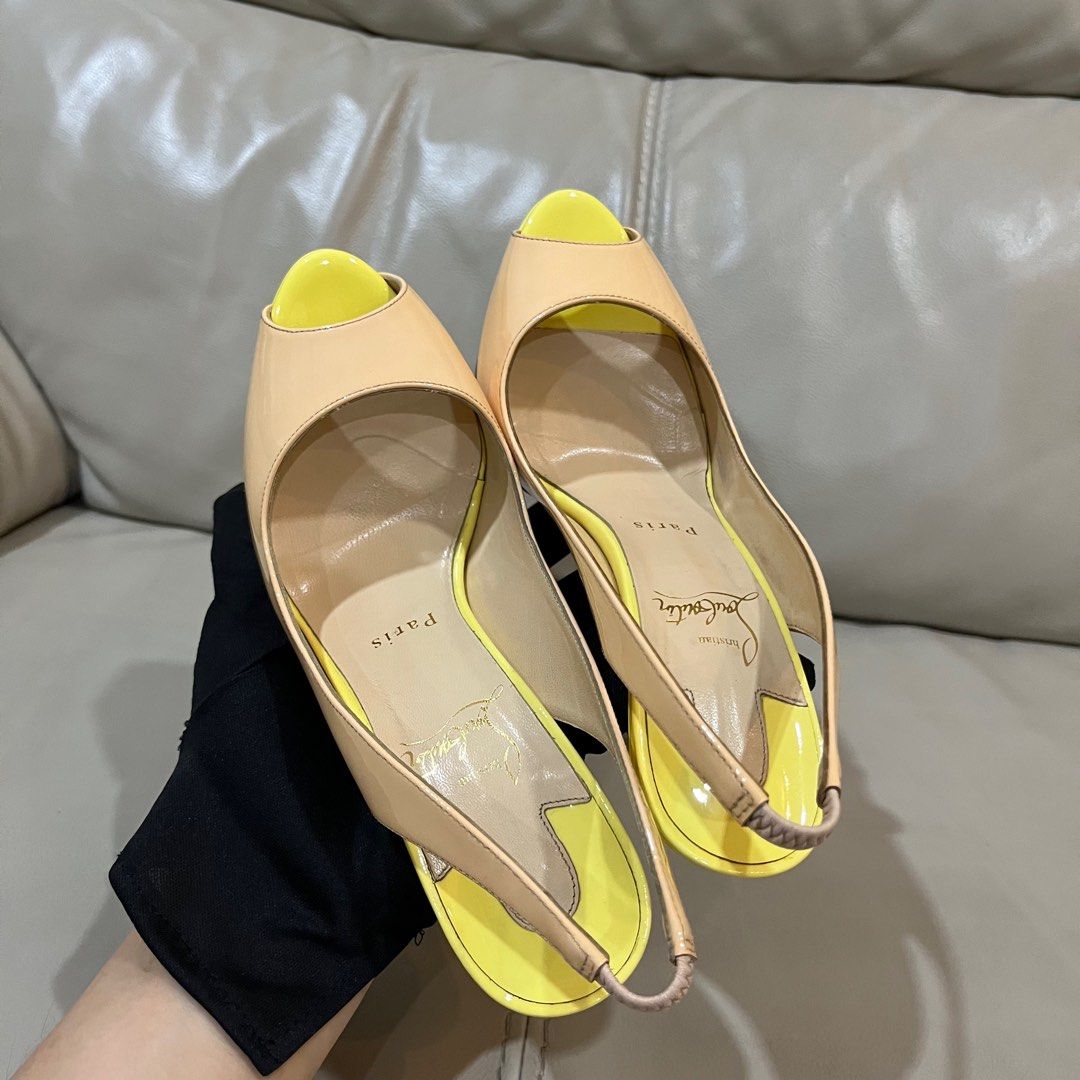 MUST GO CHRISTIAN LOUBOUTIN Patent Tricolor Lady Peep Slingback Pumps jual murah good deal authentic branded sepatu wanita Fesyen Wanita Sepatu di Carousell