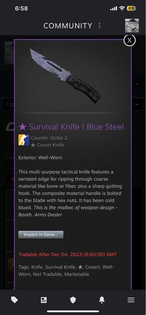 CS2 Survival Knife Blue Steel Well Worn, Video Gaming, Gaming Accessories, InGame Products on