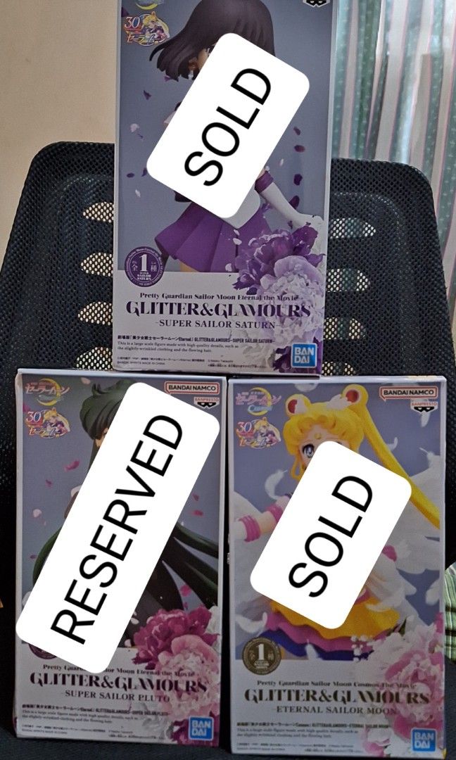 Glitter & Glamours Sailor Moon set - RESERVED (Category: Figurines & Statues) located in Taguig. Submitted by ami_g (Listing ID 1266879223, Image 1). Description: Glitter & Glamours Sailor Moon figure Sailor Moon - SOLD Sailor Saturn - SOLD Sailor Pluto - RESERVED These are brand new and bought from mercari japan. I haven't opened the boxes so they're sealed. There are some minor scuffs in the boxes. RFS: The set I bought had duplicates I'll pay 