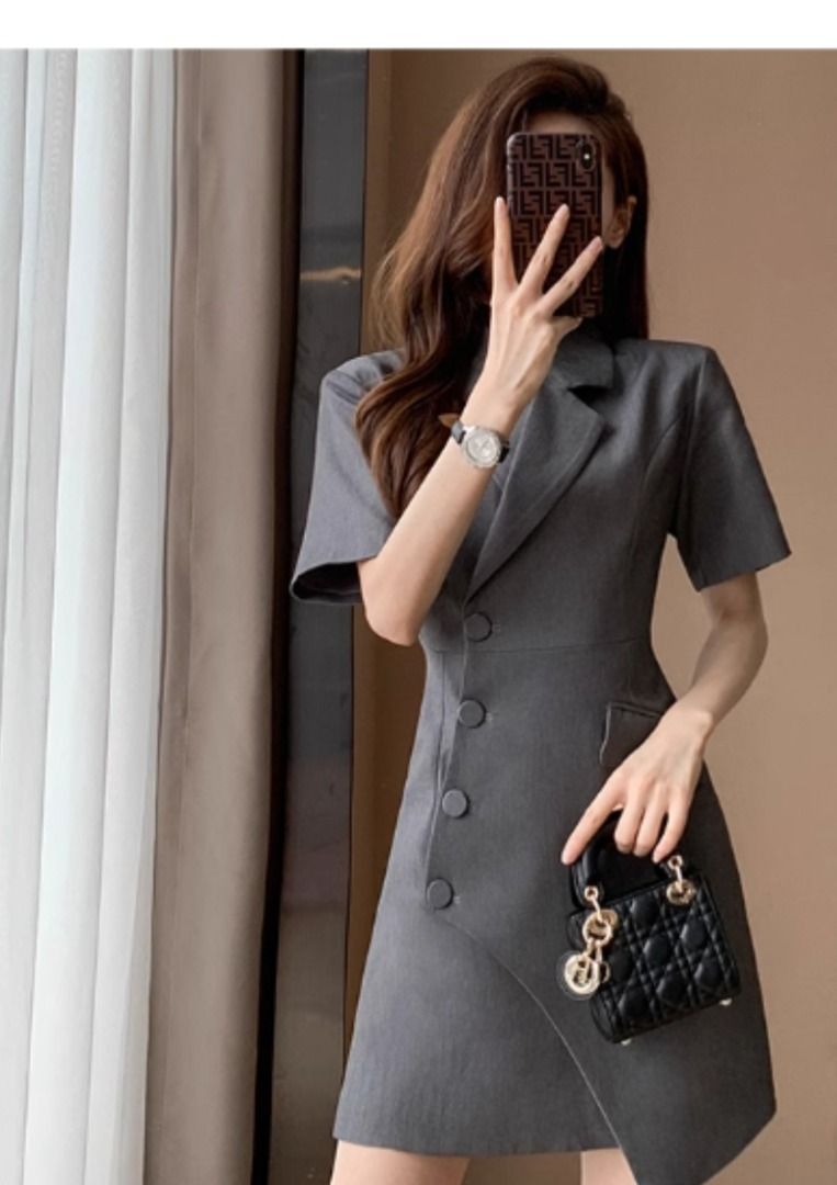 Goddess-style Waist-Cinching Slim Fit Dress with Blazer Collar