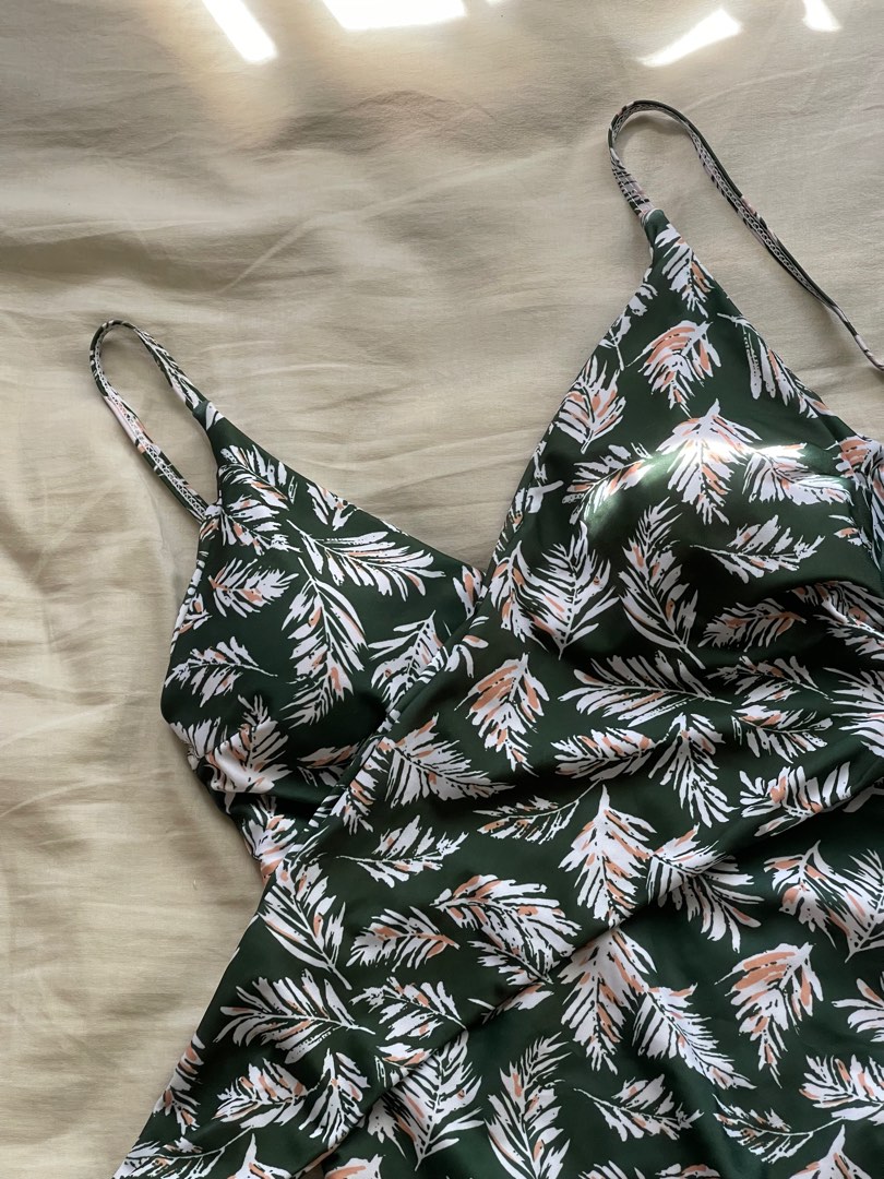 Dark Green Floral 2 Piece Swimsuit with Beach Skirt