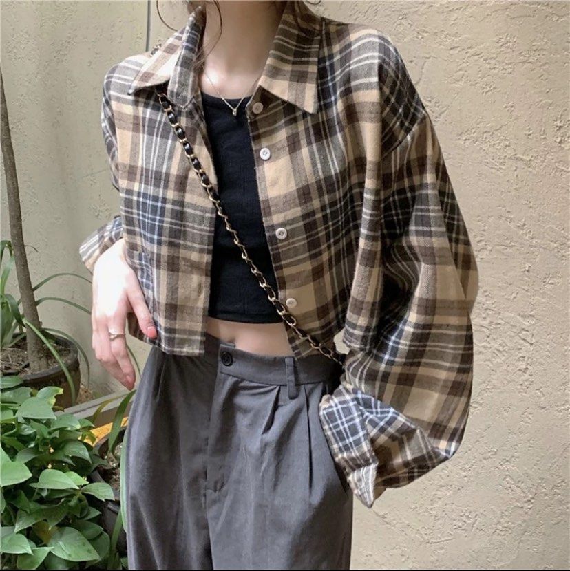 Korean Long Sleeved Short Plaid Shirt Women s Cardigan Cropped Top Women s Fashion Coats Jackets and Outerwear on Carousell