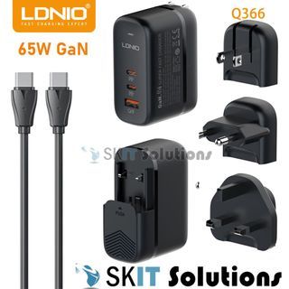 LDNIO Q366 65W GaN Travel Wall Charger with 3 Ports PD QC3.0 Super Fast Charge Type-C for Laptops, Phones, Tablets