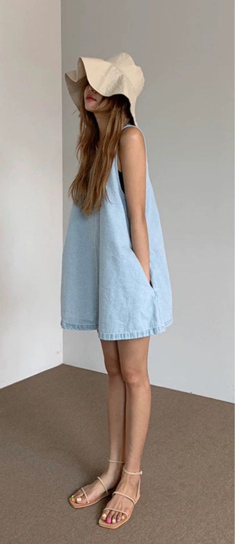 Aelicia Mini Dress - Button Through Denim Dress in Mid Blue Wash