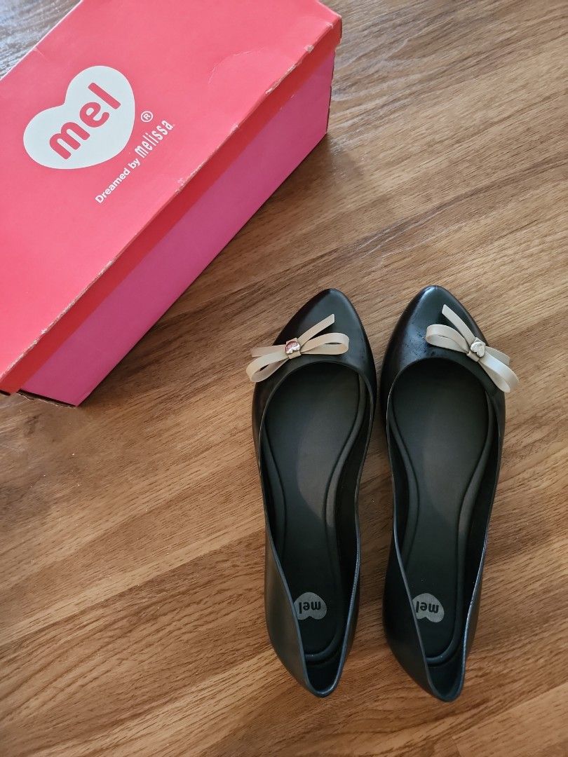 Mel Dreamed by Melissa Black Grey Ribbon Flats Women s Fashion