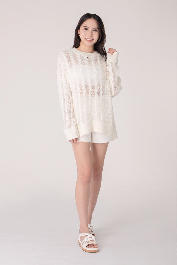 Off White Oversized Open Knit Crew Neck Sweater Women s Fashion