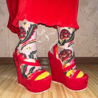Red Velvet Sky high platform wedge shoes with satin floral print detail on strap (almost 7 inches. Only for skilled heel wearers)