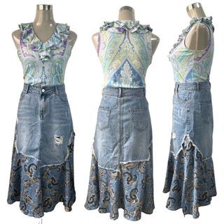 [SALE] Ralph Lauren Ruffled Blouse and No Brand High Quality Unique Denim and Paisley Skirt - Fits Medium - Large Asian Frames