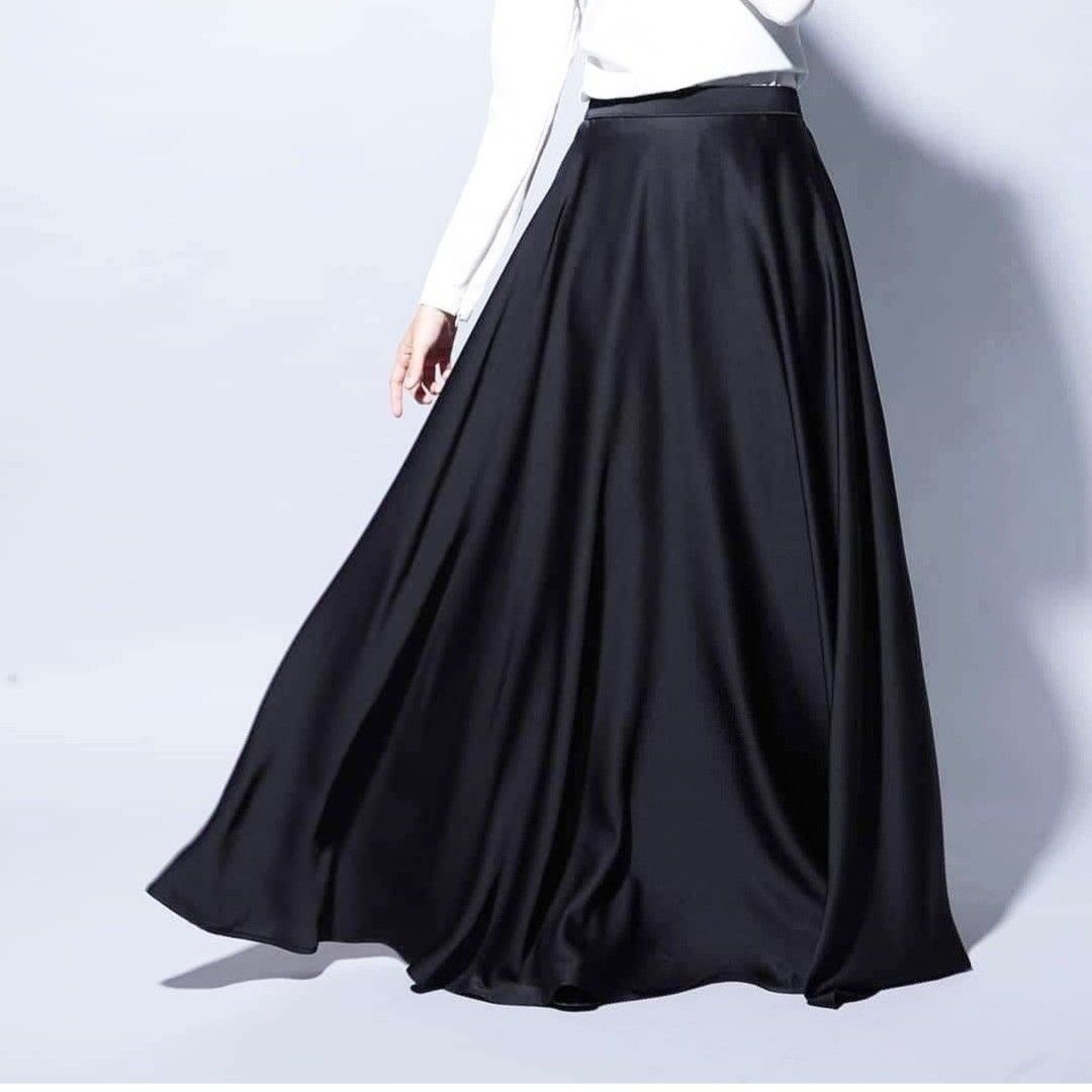 Black satin shop flare skirt