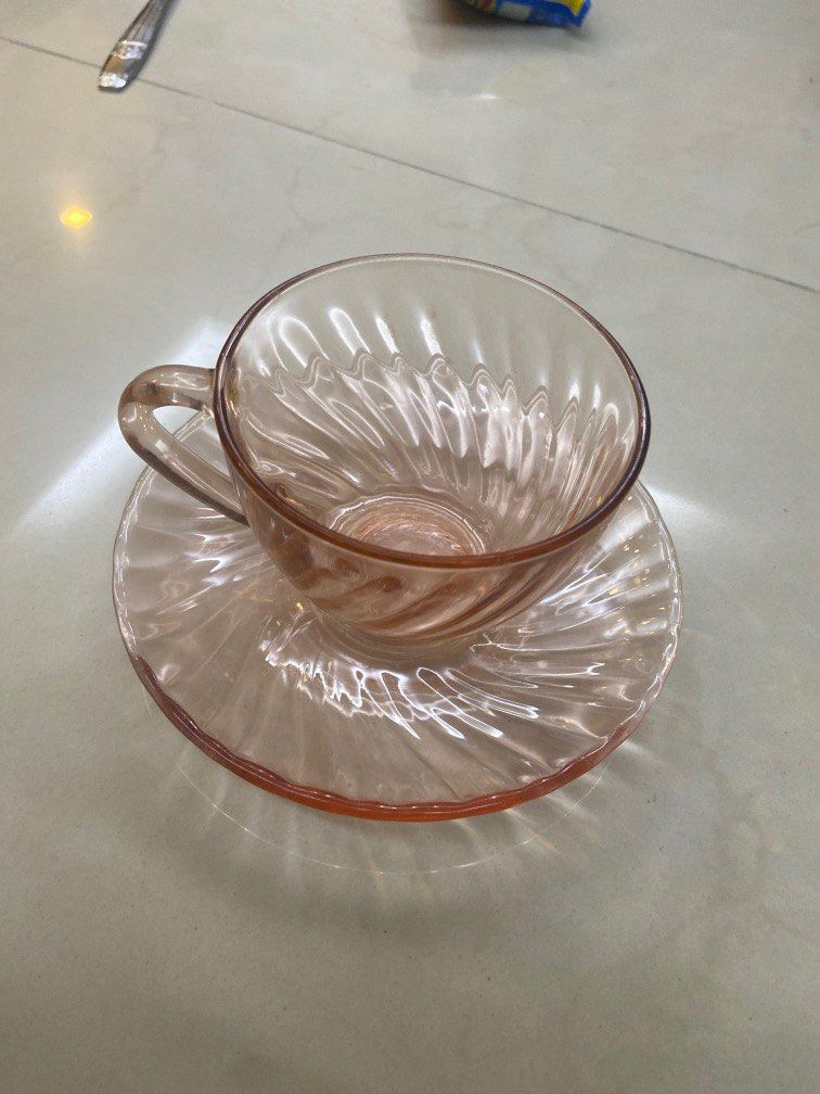 Arcoroc pink glass tea cups and saucers