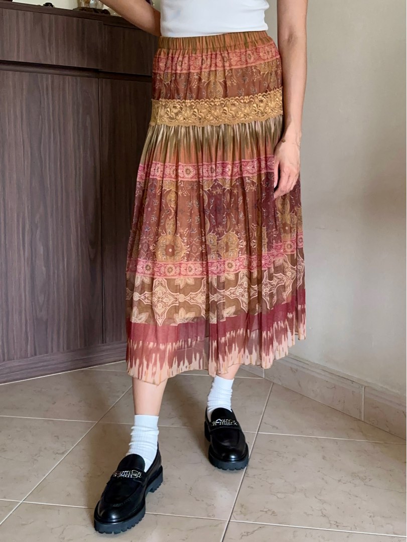 Vintage Thift Boho Pattern Midi Skirt Women s Fashion Bottoms