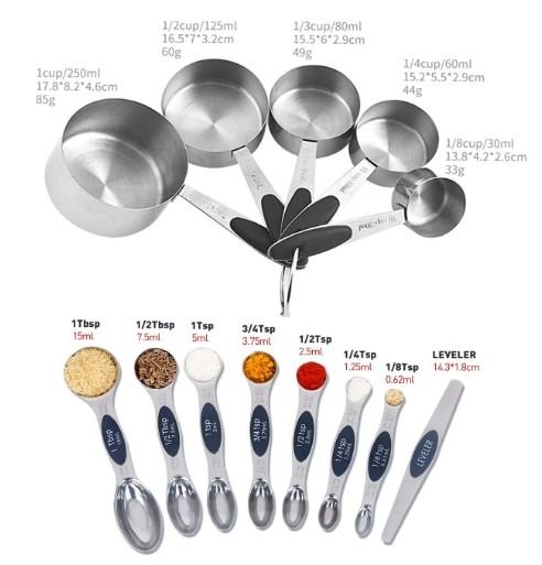 EDELIN Measuring Cups and Magnetic Measuring Spoons Set, Stainless Steel 5  Cups and 7 Spoons (Black)