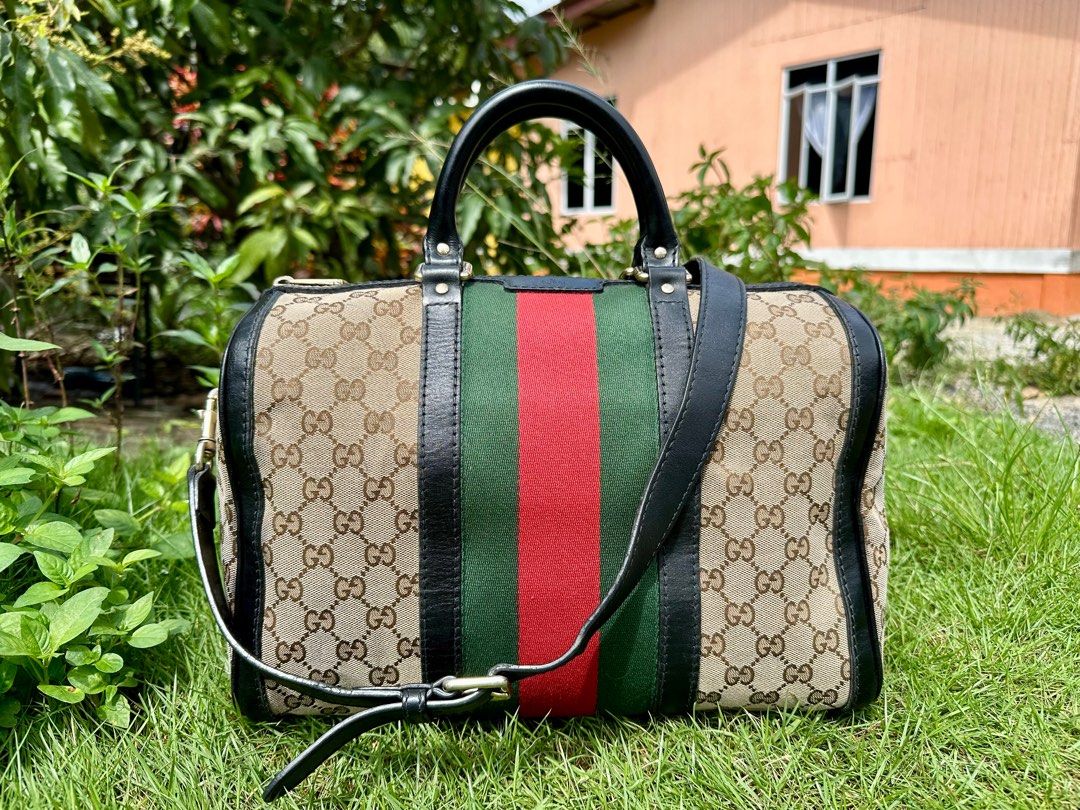 Authentic Gucci Monogram GG Canvas Vintage Web Medium Boston Bag