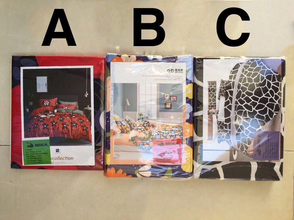 Bedsheet sets (Category: Bedding & Towels) located in Singapore. Submitted by beching18 (Listing ID 1275416914, Image 1). Description: 3 Bedsheet sets-Single, Queen, King sizes (A): $14 (B): $24 (C): $24 Discount for purchase of 3 items: (A)+(B)+(C)=$55 (A) MIKA - 3’ single fitted bedsheets ($14) One Fitted Sheet – 36”x75x8” / 91x191x20cm One Pillow Case – 19”x29” / 48x74cm One Bolster Case – 15”x41 / 38x104cm (B) MIKA - 5’ Queen fitted bedsheets