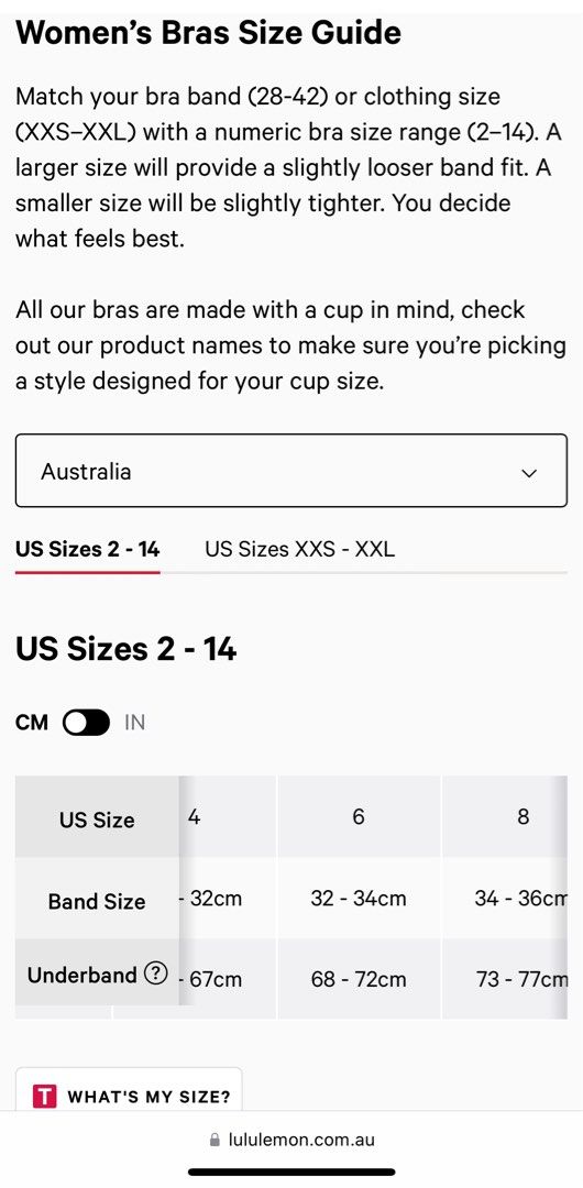 Lulu bra deals size chart