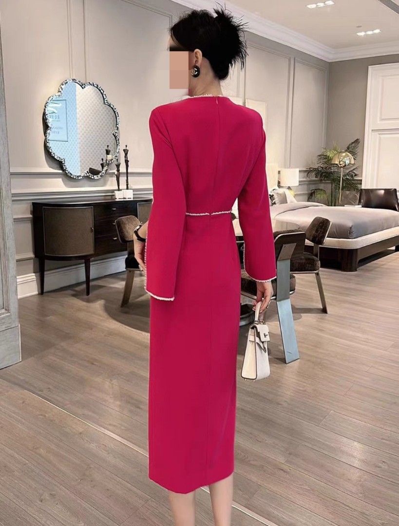 Dark Pink Dress with Pearls and Sequein, Women's Fashion, Dresses & Sets,  Dresses on Carousell