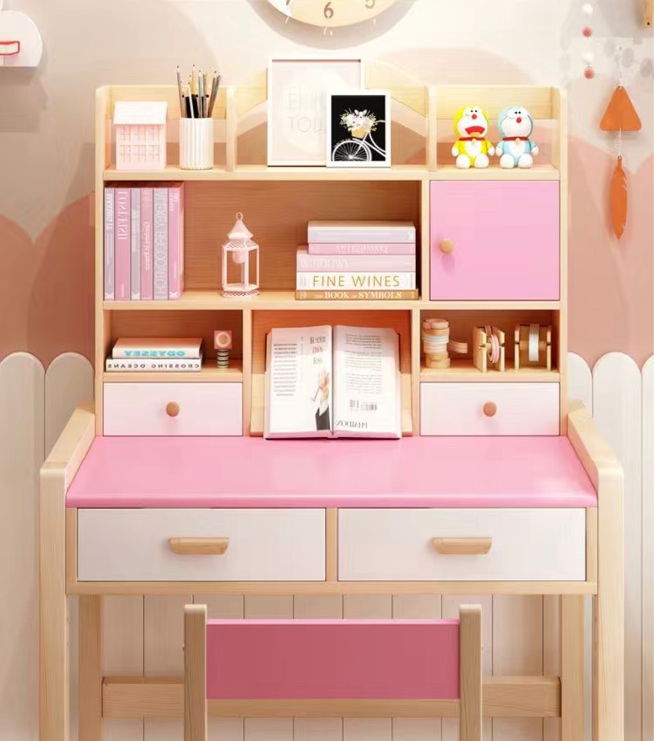 Pink wooden table shop bookshelf