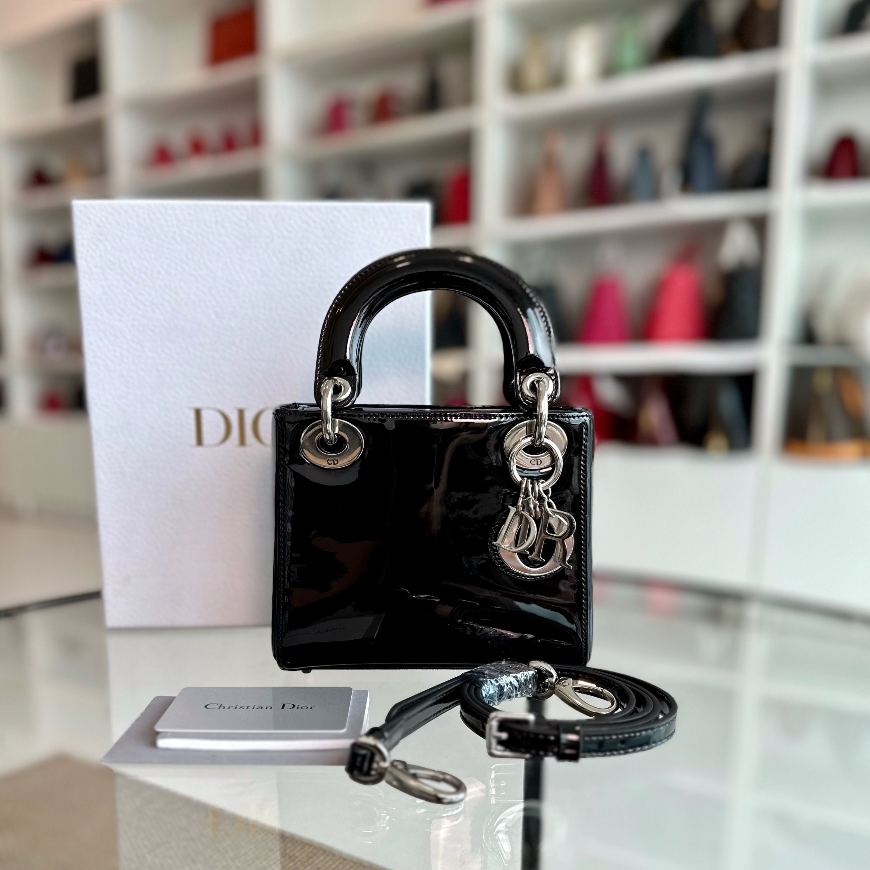 Dior Lady Mini Glazed Calfskin Patent Leather Black SHW