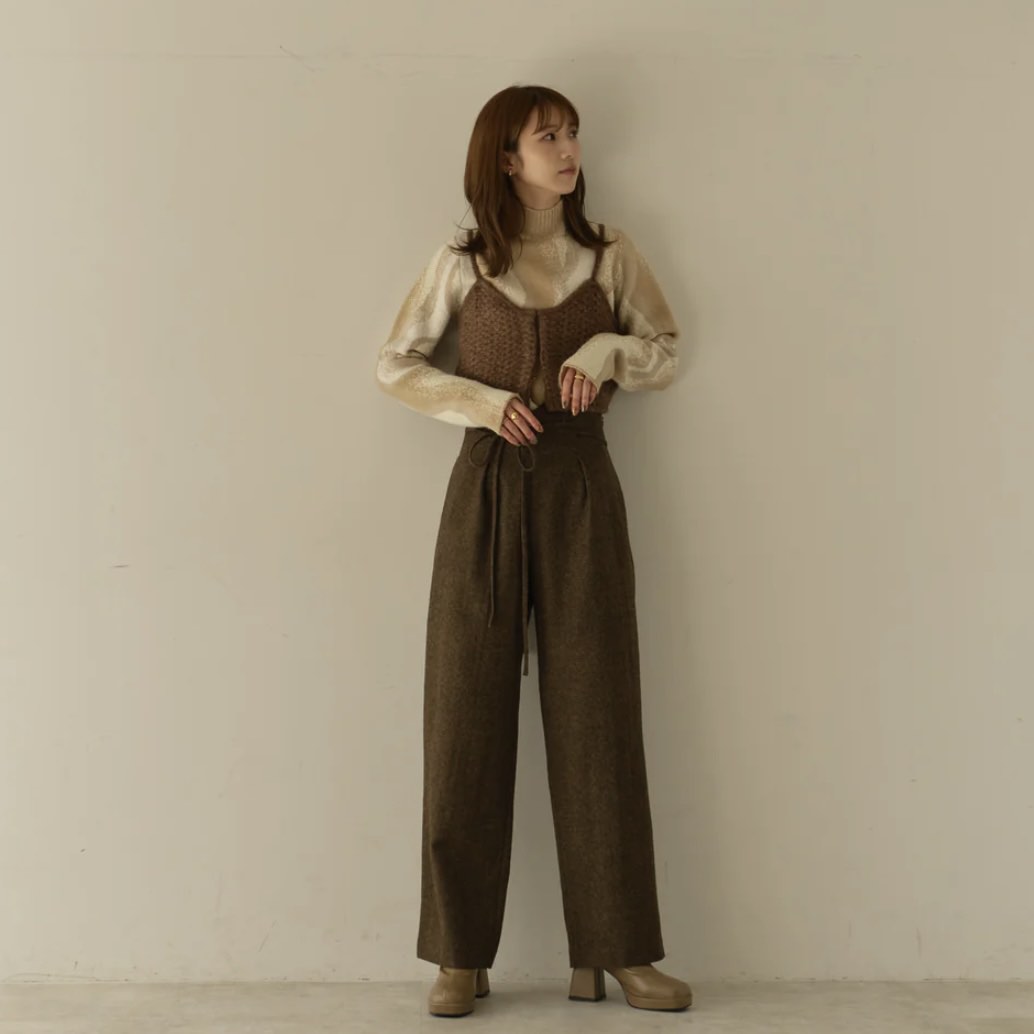 お気にいる Eaphi日牌waist cord tuck pants 咖啡色綁帶長褲, 她的時尚, 褲 パンツ