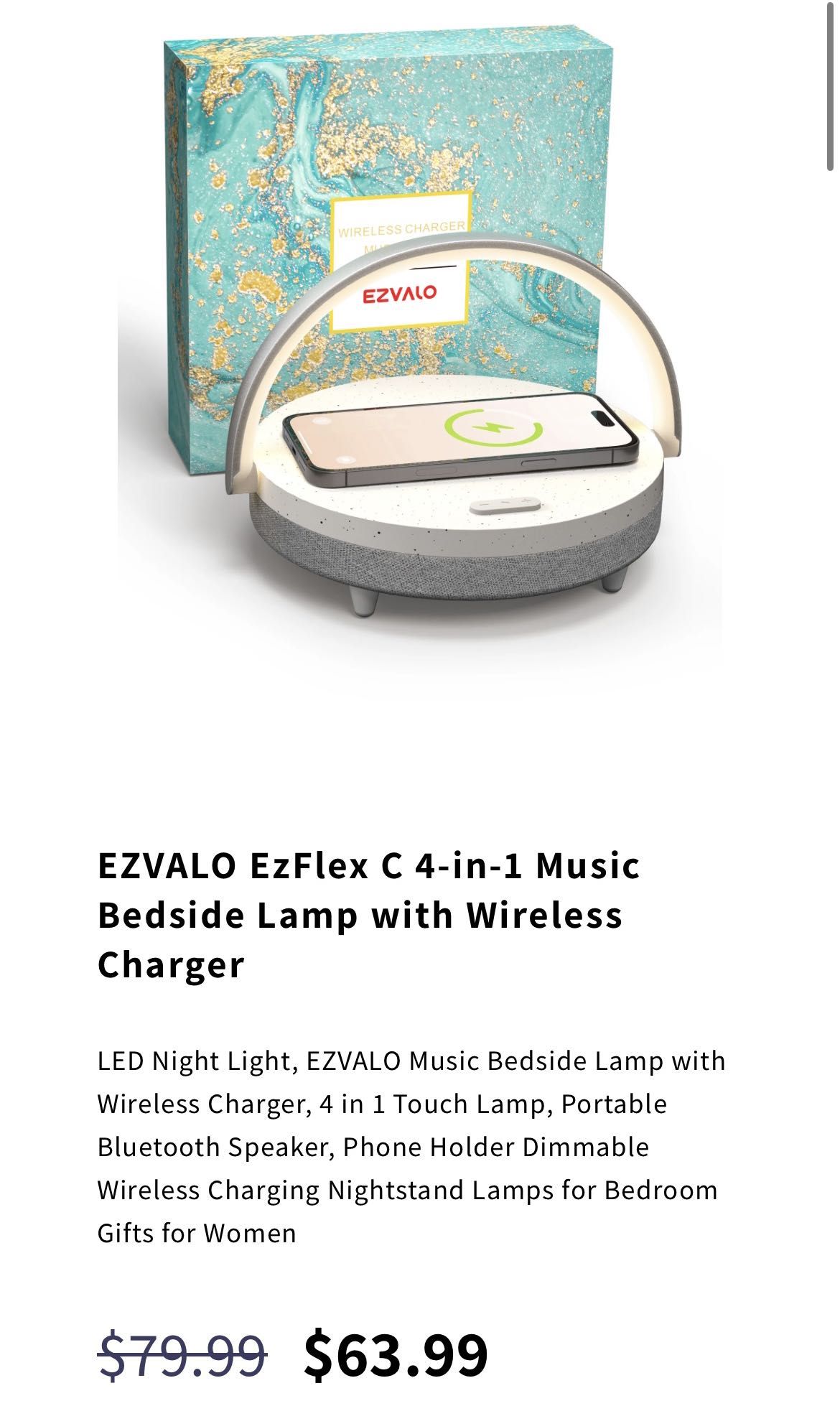 EZVALO LED Night Light, Music Bedside Lamp with Charger, 4 in 1