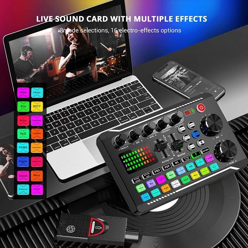 F998 Live Sound Card and Audio Interface with DJ Mixer Effects and Voice Changer,Bluetooth Stereo Audio Mixer,for Youtube Streaming62863062272131112