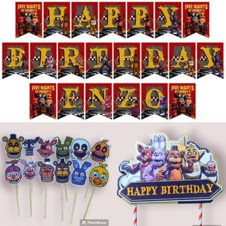Five Nights at Freddy's Theme Birthday Party Banner Cupcake Cake Topper Decoration Personalized