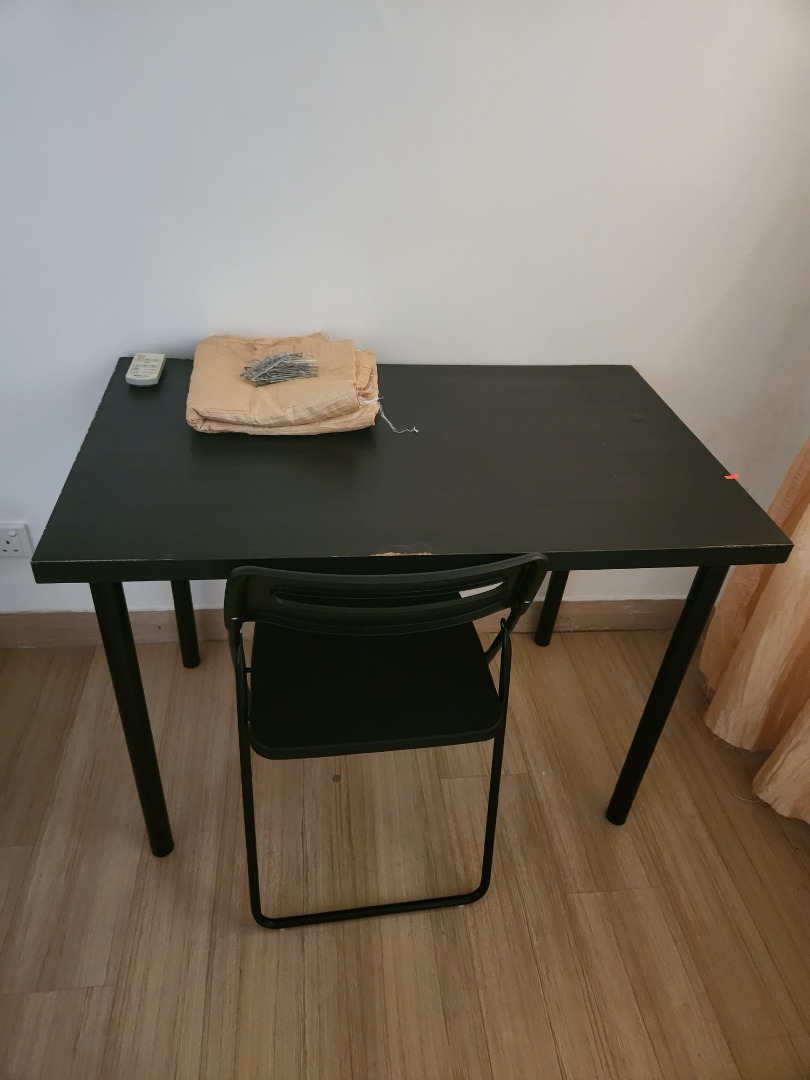 Ikea Linnmon Black Wooden Study Desk + Black Foldable Desk Chair, Furniture & Home Living