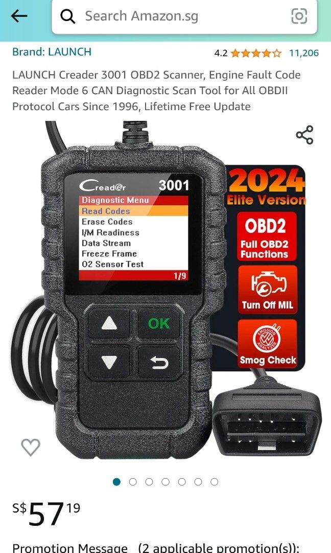 LAUNCH Creader 3001 OBD2 Scanner, Engine Fault Code Reader Mode 6 CAN  Diagnostic Scan Tool for All OBDII Protocol Cars Since 1996, Lifetime Free