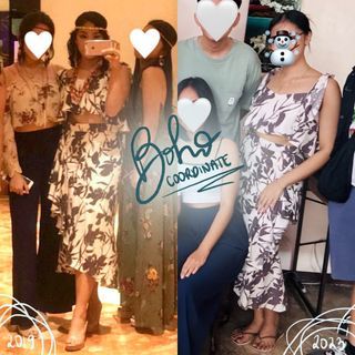 (Pre-Loved) Bohemian Boho Coords Coordinates Brown Cream White Crop Top Midi Fit Pencil Skirt Events Debut Beach Garden Wedding Dinner Smart Casual Semi Formal