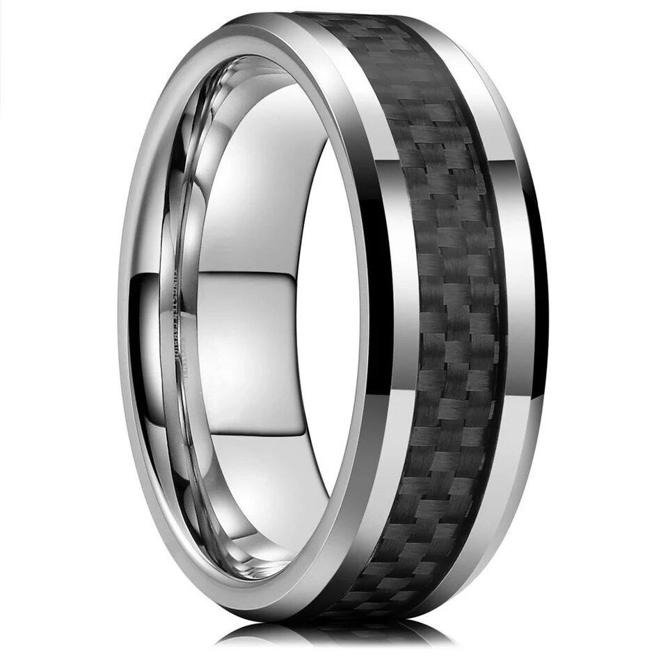 Tungsten Carbide Ring Gloss Silver Beveled with Carbon Fiber Plate
